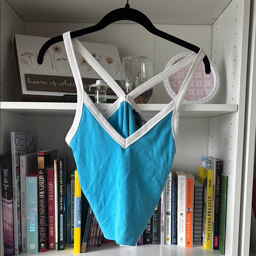 Blue and White V-Neck crop cami top